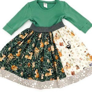 KPea Original Forest Woodland Friends Print Green Christmas Holiday Dress NEW